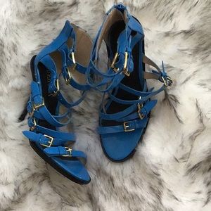Strappy bright blue heeled sandals by Paper Fox